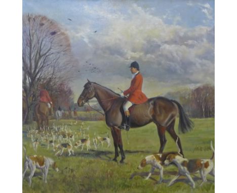 Adrian Horsley, fox hunting scene, oil on canvas, 91 x 90cms, framed 
