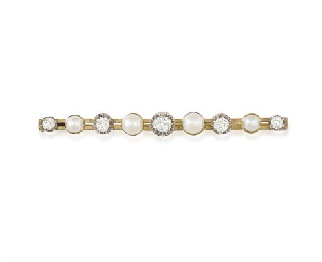 A DIAMOND AND CULTURED PEARL BAR BROOCHSet alternately with four cultured pearls and five old-cut diamonds, total length ca. 