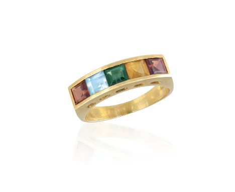 AN 18CT GOLD, VARI-COLOURED, GEMSET RINGWith five, step-cut gemstones including inter alia, green tourmaline, aquamarine and 