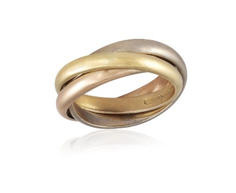 A TRI-COLOUR 18CT GOLD, 'TRINITY' RINGComprised of three interlocking vari-coloured gold rings, ring size K * This lot is sol