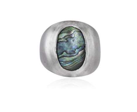 A SILVER ABALONE SHELL RINGThe oval abalone shell set in a stepped, bezel mount, ring size P* This lot is sold without a rese