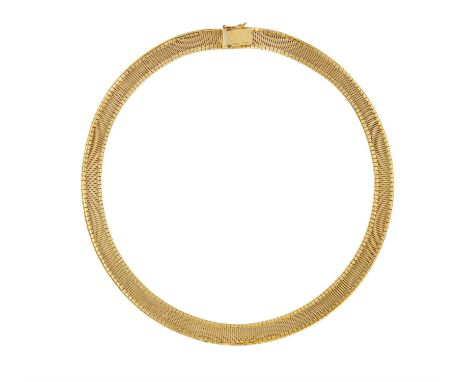 AN 18CT GOLD, OMEGA-LINK NECKLACEWith wide, textured links and diagonally engraved decorative borders, total length ca. 43cm,