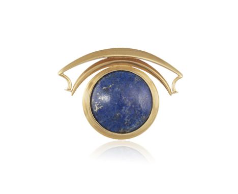 A 14CT GOLD, LAPIS LAZULI PENDANT/ BROOCH Of circular design, with scrolled surmount, total length ca. 4.8cm * This lot is so