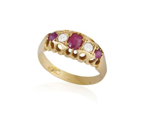 A RUBY AND DIAMOND FIVE-STONE RINGSet with synthetic round and oval mixed-cut rubies and round, brilliant-cut diamonds, ring 