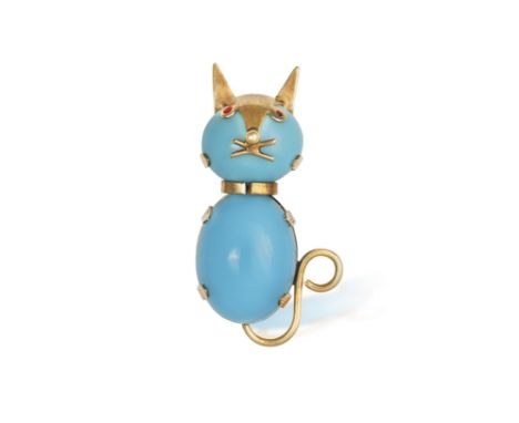 A NOVELTY, TURQUOISE CAT BROOCHComposed of two cabochon-cut turquoises, the mount designed as a cat, total length ca. 3.5cm C