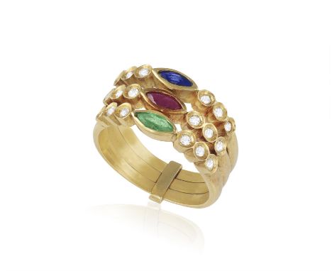 A VARI-COLOURED, GEMSET RINGOf three-row design, each row set with a marquise-shaped sapphire, ruby and emerald respectively,