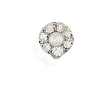 A DIAMOND AND PEARL CLUSTER CLIPThe central pearl, surrounded by seven old-cut diamonds, diameter of clip head ca. 1.3cm* Thi