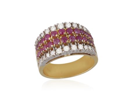 AN RUBY AND DIAMOND RINGOf bombe design, the two central lines of round, mixed-cut rubies, flanked by two rows of single and 