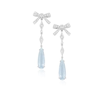 A PAIR OF 18CT GOLD, AQUAMARINE AND DIAMOND DROP EARRINGS The pear-shaped aquamarine surmounted by diamond-set bow, total est