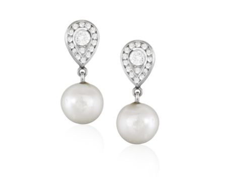 A PAIR OF CULTURED PEARL AND DIAMOND DROP EARRINGSThe pear-shaped mount set with single and round, brilliant-cut diamonds, to