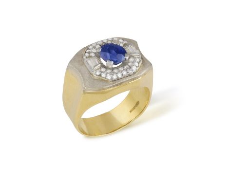 AN 18CT GOLD, SAPPHIRE AND DIAMOND RINGOf bi-colour design, the broad undulating band, centring a cushion-shaped sapphire, fr