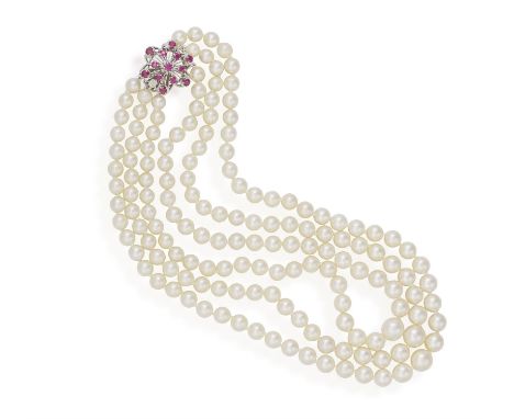 A TRIPLE-ROW, GRADUATED, CULTURED PEARL NECKLACEDiameter of cultured pearls ca. 5.8-9mms, the 18ct gold clasp set with round,