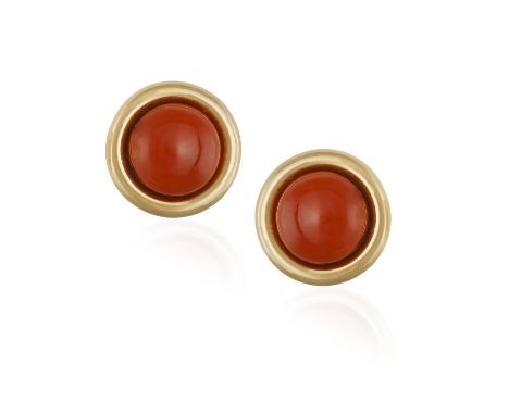 A PAIR OF 18CT GOLD, CORAL EAR CLIPSOf circular form set with round, cabochon-cut coral, with clips for non-pierced ears, tot
