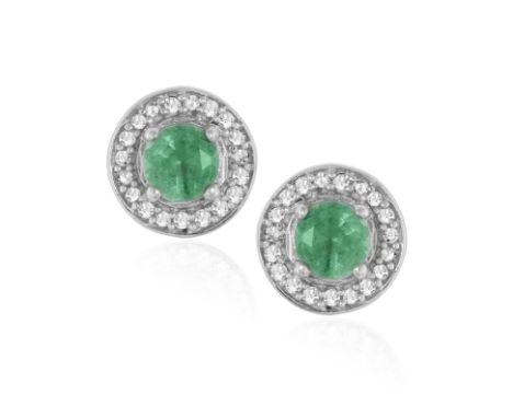 A PAIR OF 14CT GOLD, EMERALD AND DIAMOND EAR STUDSThe round, mixed-cut emeralds surrounded by single-cut diamonds, with post 