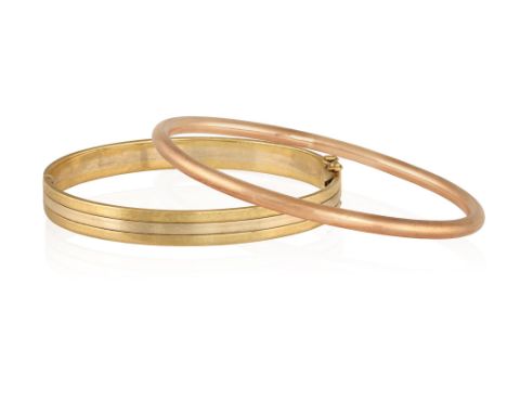 TWO 9CT GOLD BANGLESIncluding a bi-colour, hinged bangle; and a rose gold bangle, inner diameters ca. 5.8-6.5cm Condition Rep
