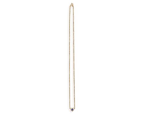 A SAPPHIRE NECKLACE The cable-link chain with an openwork, heart-shaped centrepiece, set with a round, mixed-cut sapphire, to