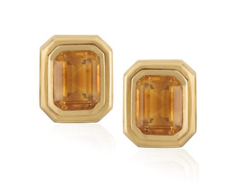 A PAIR OF 18CT GOLD, CITRINE EARRINGSThe octagonal, step-cut citrines with stepped mount and post and clip fittings for pierc