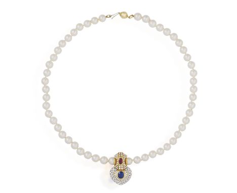 A CULTURED PEARL NECKLACE AND GEM-SET PENDANTThe single-strand necklace with a cartouche-shaped necklace set with an oval, mi