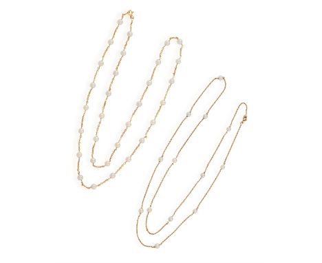 TWO 18CT GOLD, CULTURED PEARL NECKLACESIncluding a cable-link necklace; and a flattened cable-link necklace, lengths ca. 83-8