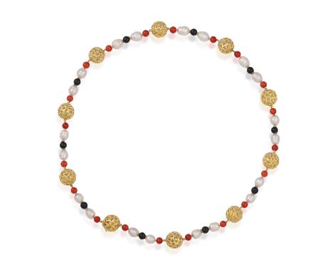 A CULTURED, FRESHWATER PEARL, ONYX AND CORAL BEAD NECKLACEWith openwork, spherical spacers, length ca. 70cm Condition Report: