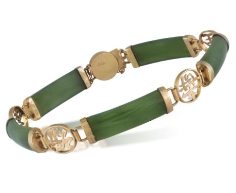 A 14CT GOLD JADE BRACELETComprising curved jade bars with circular openwork spacers, total length ca. 18.5cm* This lot is sol