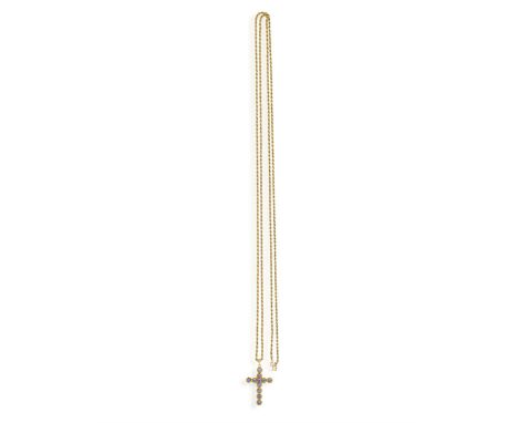A 14CT GOLD, SAPPHIRE, CRUCIFORM PENDANTThe twelve, round, mixed-cut sapphires in bezel settings, on a 9ct gold, French rope 