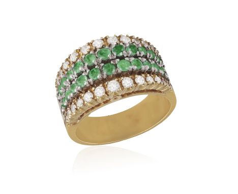 AN EMERALD AND DIAMOND RINGOf bombe design, the two central lines of round, mixed-cut emeralds, flanked by two rows of single