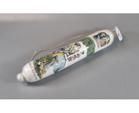 Victorian glass rolling pin depicting coloured transfer printed scenes including: children in the wood, Lady Macbeth, Mama's 