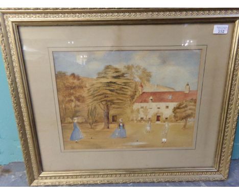 British Naïve School (19th century), figures playing Croquet on a lawn.  Watercolours.  33x46cm approx.  Together with 19th c