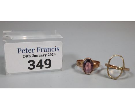 9ct gold ring missing an oval stone, together with 9ct gold ring with amethyst coloured stone.  3.8g approx.   (B.P. 21% + VA