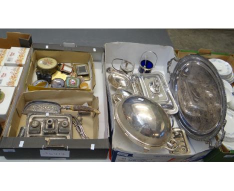 Two boxes of silver plate to include: bacon warmer, two handled tray, entre dish, sauce boats, desk inkwell, grape scissors e