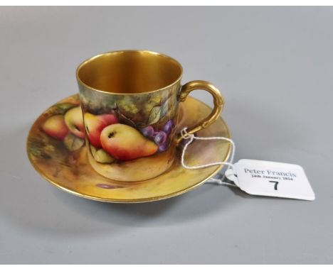 Royal Worcester coffee can and saucer hand painted with fruits, signed H Everett. Puce printed marks to the under side. (B.P.