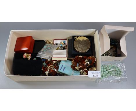 Shoe box of mainly costume jewellery, various to include: clip on earrings, amber coloured bangle and necklace, gold plated n