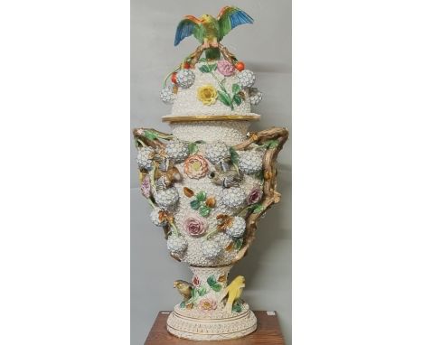 Large Meissen porcelain 'Schneeballen' urn and cover of baluster form with branch handles, the domed lid with Parrot finial o