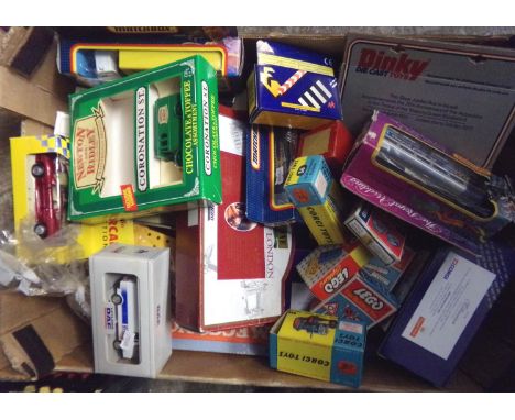 Box of diecast model vehicles and other items, to include: replica Corgi Toys 55 Forsdon tractor and 56 Four Furrow Plough, M
