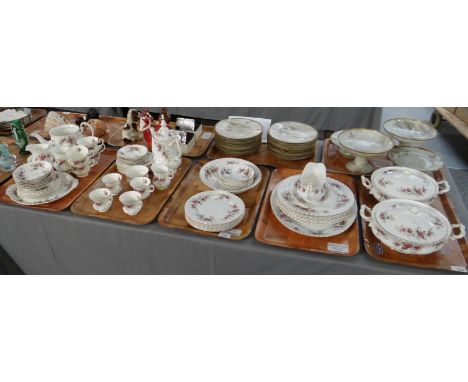 Five trays of Royal Albert English bone china 'Lavender Rose' design items to include: lidded tureens, sauce boat on stand, s