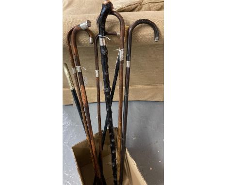 Collection of vintage walking sticks and canes, to include: blackthorn, silver collared, Chinese bamboo etc. (8) (B.P. 21% + 