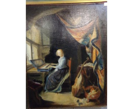 Blishen, study of a woman in 198th century dress playing harpsicord in an interior, signed and dated 1954 verso.  Oils on boa