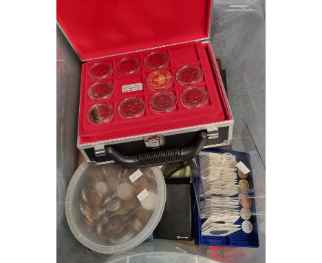 Plastic tub of assorted coinage, GB and Foreign: Festival of Britain, commemorative, Britain's first Decimal coins, Charles a