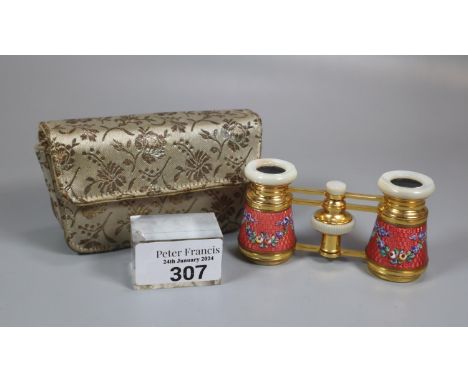 Case pair of French Altex Paris enamel and mother of pearl opera glasses in fitted fabric case. (B.P. 21% + VAT)  No obvious 