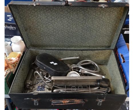 Vintage suitcase and box containing medical equipment to include; cased otoscopes, chloroform mask, obstetric equipment, stet
