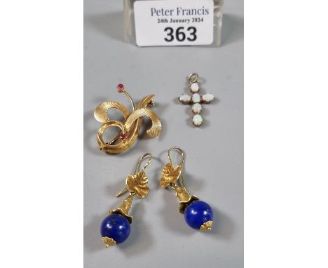 Opal cross pendant together with a pair of 18ct gold and lapis lazuli earring and a yellow metal brooch inset with red stones