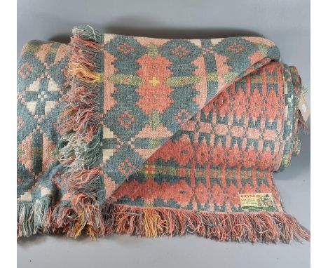 Vintage woollen Welsh tapestry blanket with geometric design and fringed edges. (B.P. 21% + VAT)  Brynykir label mad in Wales