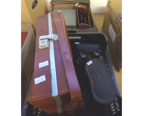 Two boxes of assorted items to include: wooden stationary rack, desk set, binoculars, playing cards etc.  (2)  (B.P. 21% + VA