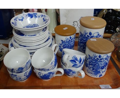 Tray of Portmeirion pottery 'Harvest Blue' design items to include: teacups and saucers, bowls, plates, lidded canisters etc.