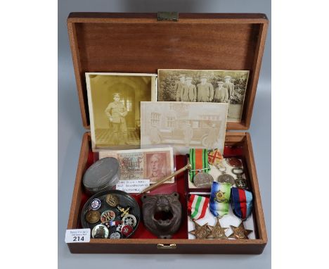 Box containing assorted medals including: WWII Defence Medal, Italy Star, 39-45 Star, Atlantic Star with Burma Star associati