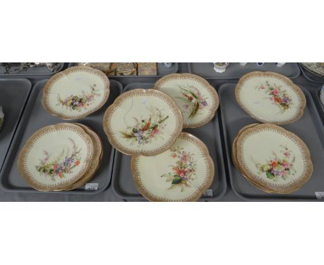 Three trays of Royal Worcester blush ivory part dessert service with scalloped edges, hand painted floral sprays and sepia pr