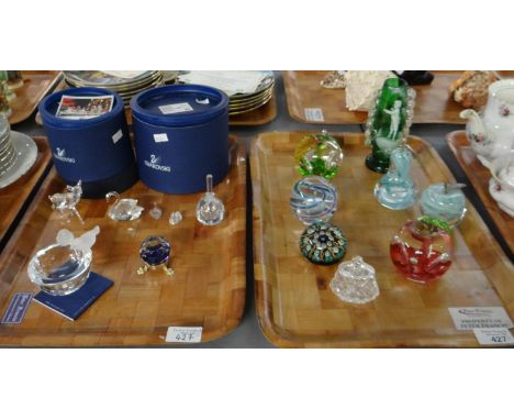 Two trays of glassware to include: paperweights; Cowdy glass, two Caithness 'Windfall' apple shaped, Alum Bay glass pear and 