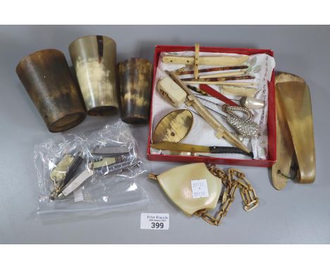 Collection of oddments to include: horn beakers, horn snuff box and other horn items, vintage penknives, hatpins etc.   (B.P.