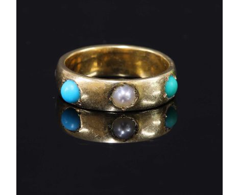 A gold shallow 'D' section band ring, set alternately with circular cabochon turquoise and split pearls, tested as approximat